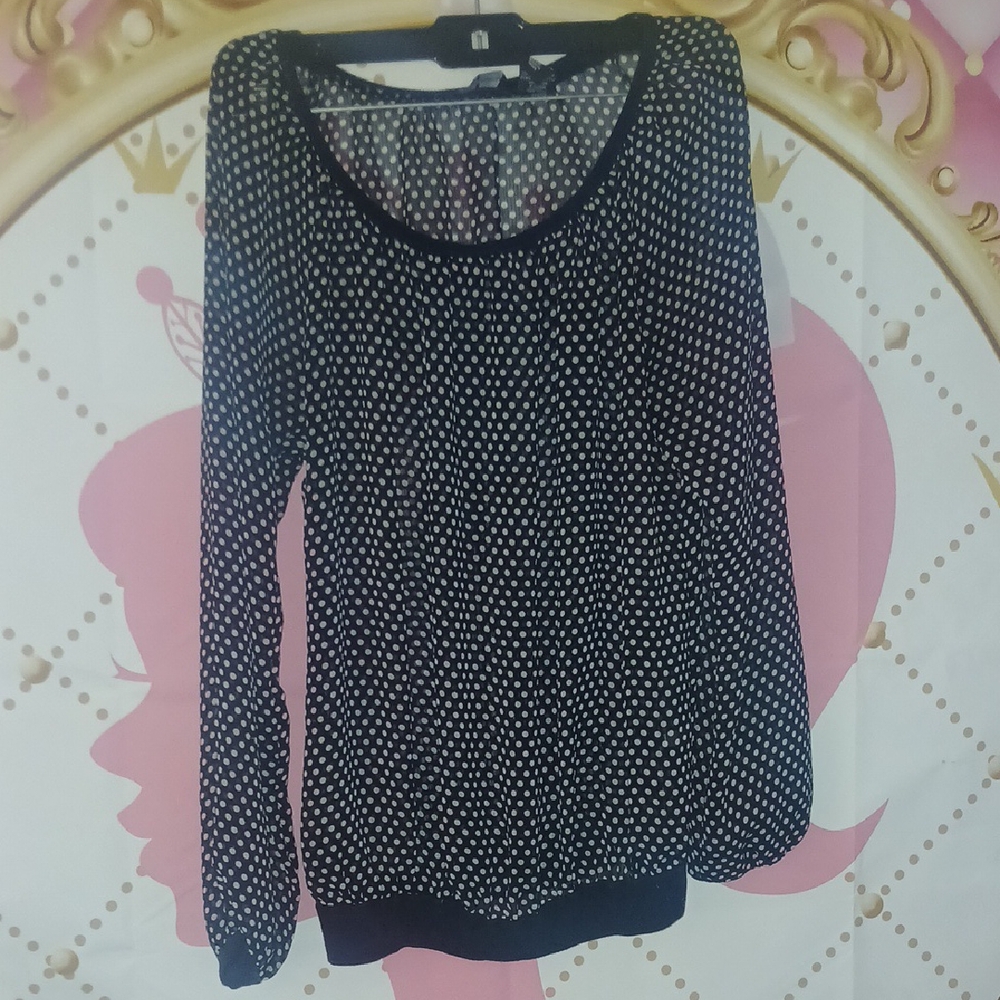 New York & Company Women’s size L Black White Polka Dots Long Sleeves Sheer Top